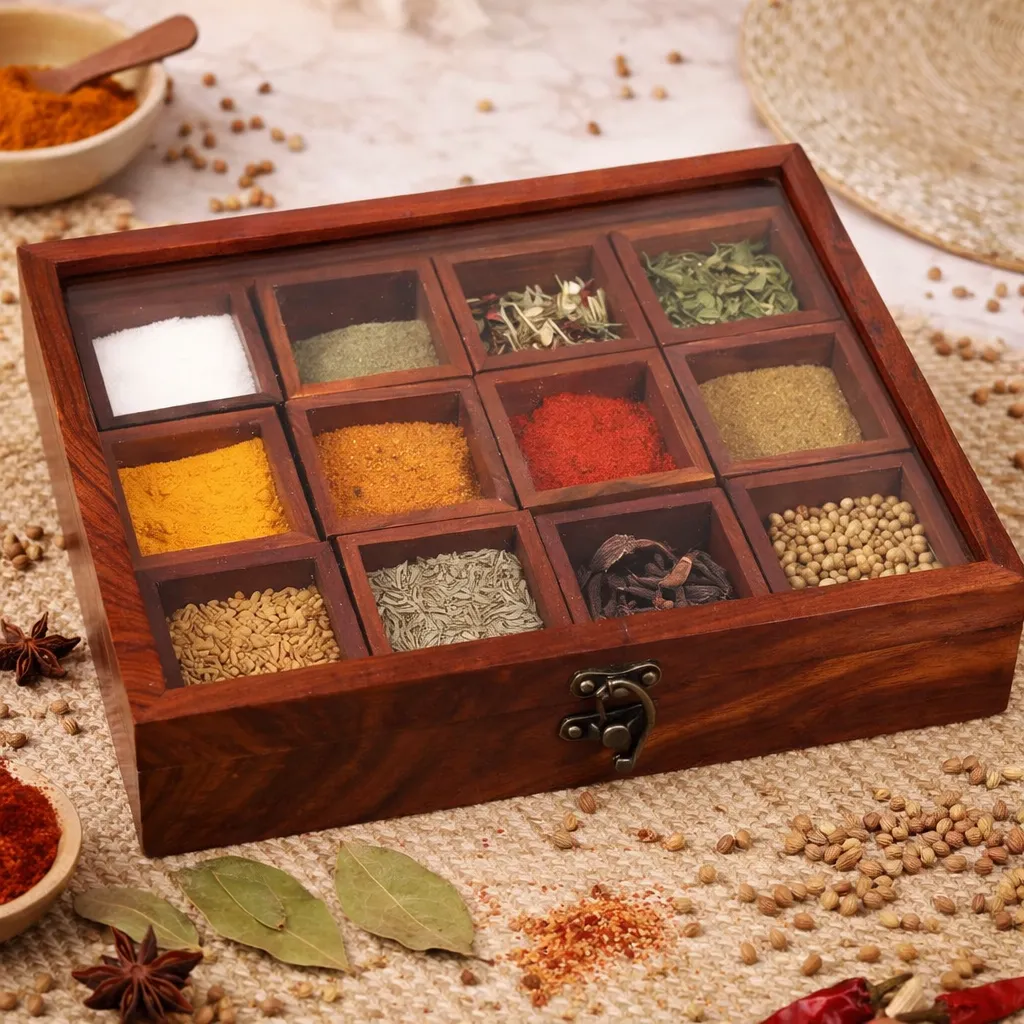 Aagman Sheesham Wooden Spice Box with Glass Lid (12 Compartments)